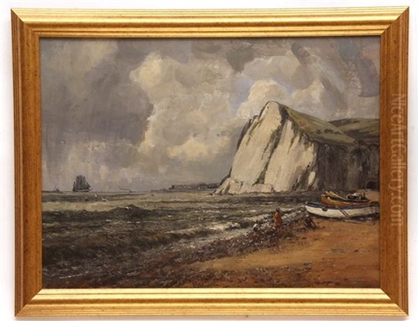 Coastline At Dover With Figures And Fishing Boats On The Shore Oil Painting by Campbell A. Mellon