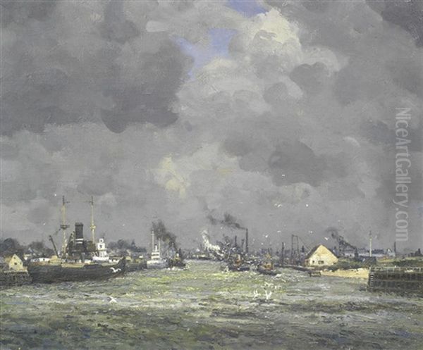 Boats On A River Oil Painting by Campbell A. Mellon