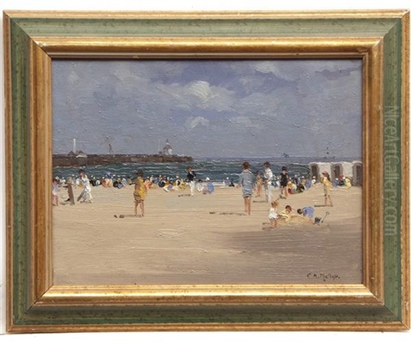 Figures On Gorleston Beach Oil Painting by Campbell A. Mellon