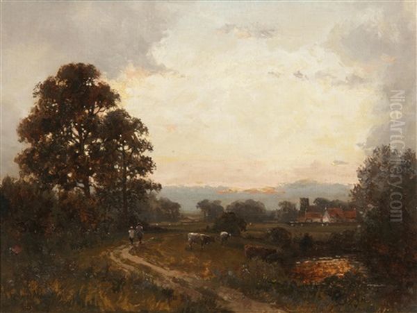 Figures And Cattle In A Landscape At Sunset Oil Painting by Campbell A. Mellon