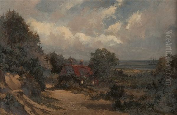 Houses On A Beach With Coast Beyond Oil Painting by Campbell A. Mellon