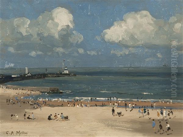 Figures On The Beach, Gorleston Oil Painting by Campbell A. Mellon