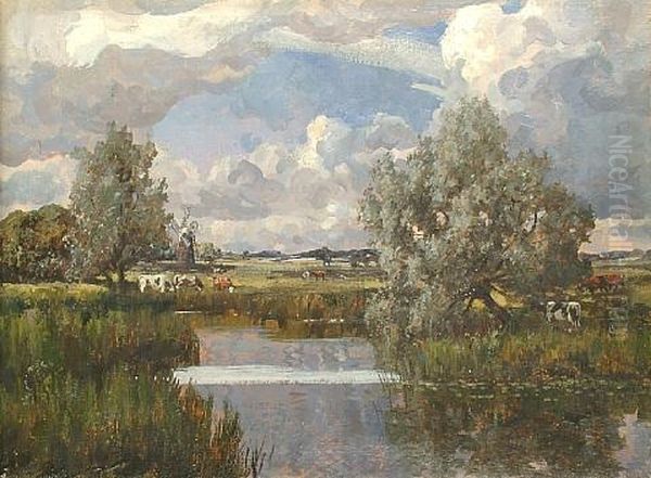 River Landscape With Windmill Beyond (+ Untitled Sketch, Verso) Oil Painting by Campbell A. Mellon