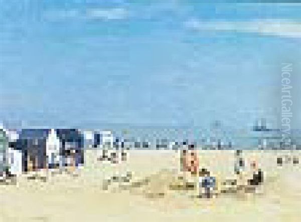Beach Huts At Gorleston Oil Painting by Campbell A. Mellon