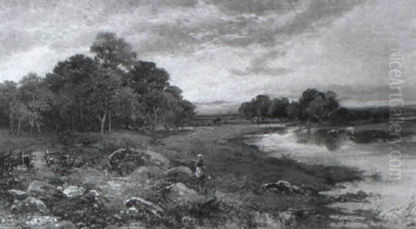 Cattle, A Figure And Dog In A Water Meadow Oil Painting by Campbell A. Mellon