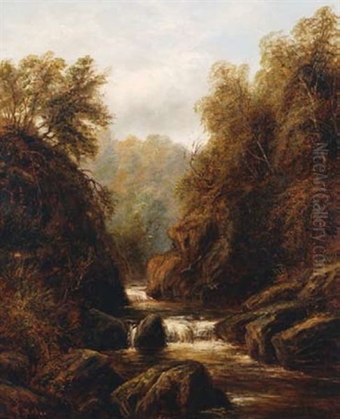 Autumn Landscape With Forest, Valley And Running Stream Oil Painting by William Mellor