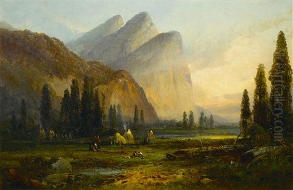 Indian Encampment Near Three Brothers, Yosemite Valley Oil Painting by Andrew Melrose