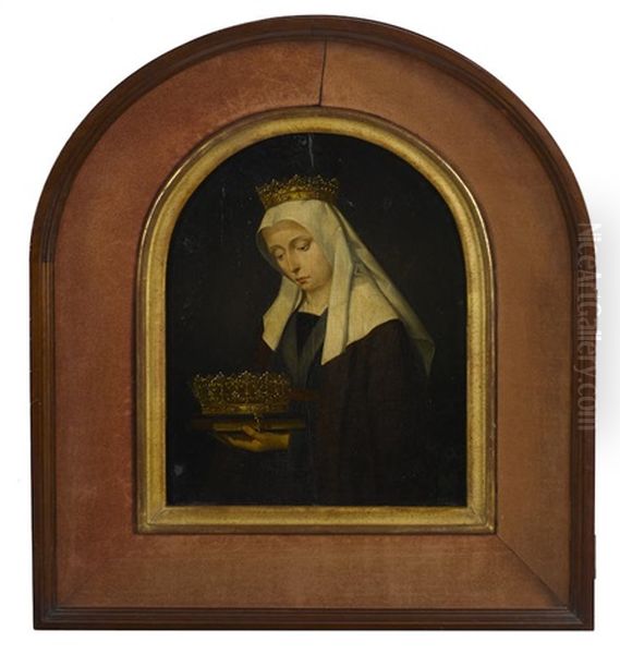 A Portrait Of A Queen In Mourning Holding A Crown Arched Top Oil Painting by (manner of) Memling, Hans