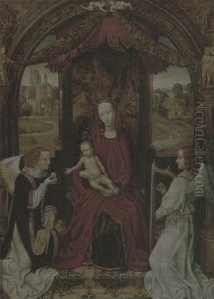 The Madonna And Child Enthroned, Attended By Angels Playing Musical Instruments Oil Painting by (manner of) Memling, Hans