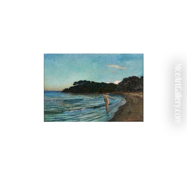 Woman Bather Stepping Into A Lake Oil Painting by Emile Rene Menard