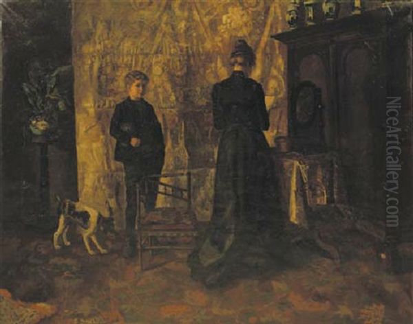 De Lectuur; A Lady Reading In An Interior Oil Painting by Jules Eduard Mendes