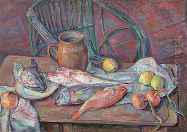 Nature Morte Au Pichet Et Aux Poissons Oil Painting by Maurice Mendjisky