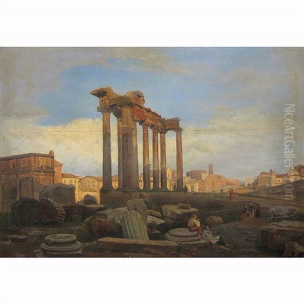 Figures Resting Near The Temple Of Saturn In The Roman Forum Oil Painting by Enrico Meneghelli