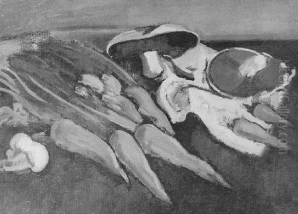 Still Life With Carrots And Mushrooms Oil Painting by Bernard Meninsky