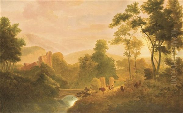 Ideale Landschaft Mit Ruine Und Kuhhirten Oil Painting by Johann Heinrich Menken