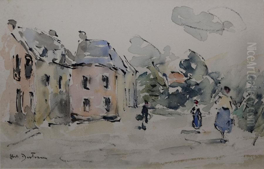 Personnages Devant Une Maison Aquarelle Oil Painting by Abel Bertram