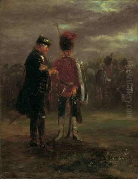 Two Frederician Officers In Conversation Oil Painting by Adolph von Menzel