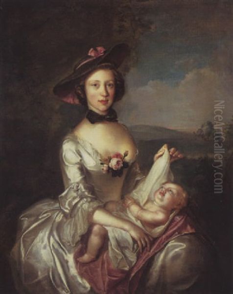 Portrait Of A Lady (elizabeth, Wife Of Robert Boyd Of Castle Law?), Seated In A Landscape, Holding A Baby Oil Painting by Philip Mercier