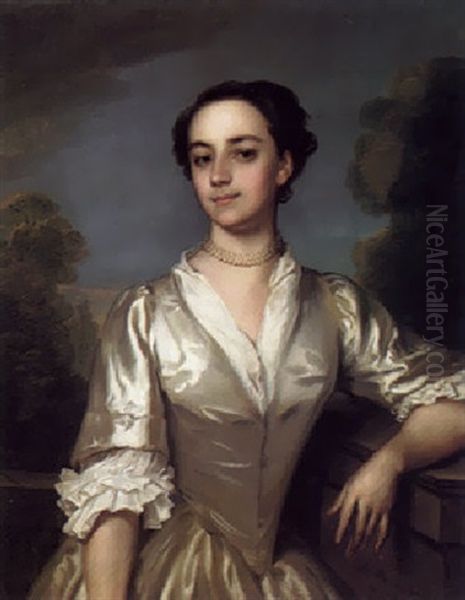 Portrait Of Susanna Barnes Wearing A Silver Silk Dress, With A Landscape Beyond Oil Painting by Philip Mercier