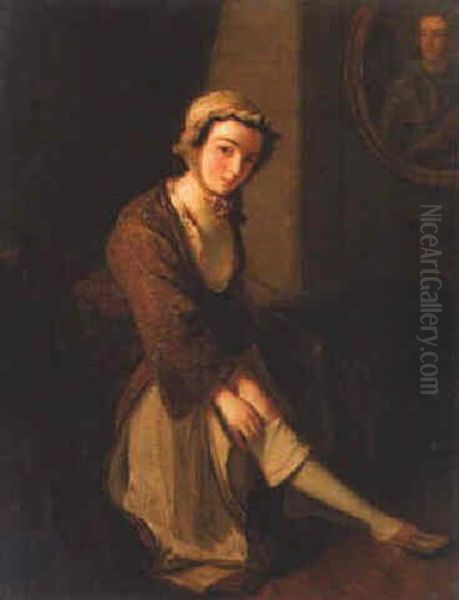 Portrait Of Clementina Walkinshaw Pulling On Her Stockings, A Portrait Of The Young Pretender Above Oil Painting by Philip Mercier