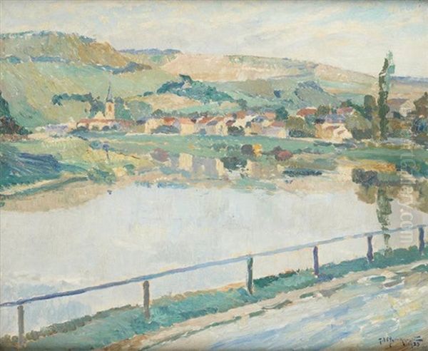 Machtum, Village Luxembourgeois Sur La Moselle Oil Painting by Jules Merckaert
