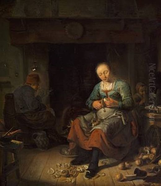Interior With A Woman Peeling Apples Oil Painting by Isack De Mes