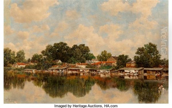 Laundresses At Work Along The Banks Of A River Oil Painting by Claude-Francois-Auguste de Mesgriny