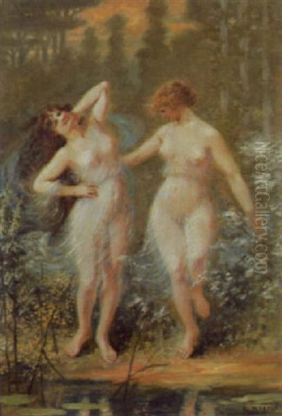 Les Amies Au Bord De L'etang Oil Painting by Paul EugA篓ne Mesples