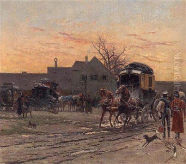 A Coach And Horses Leaving An Inn With Military Figures In The Foreground Oil Painting by Pius Ferdinand Messerschmitt