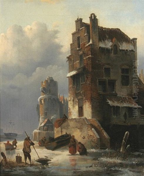 Hafeneinfahrt Mit Hohem Haus Im Winter Oil Painting by Carl Ludwig Ferdinand Messmann