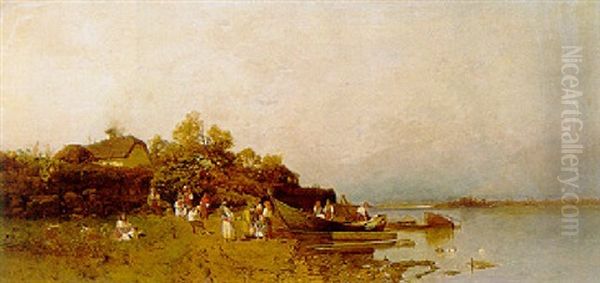 The Return Of The Fishermen Oil Painting by Geza Meszoely