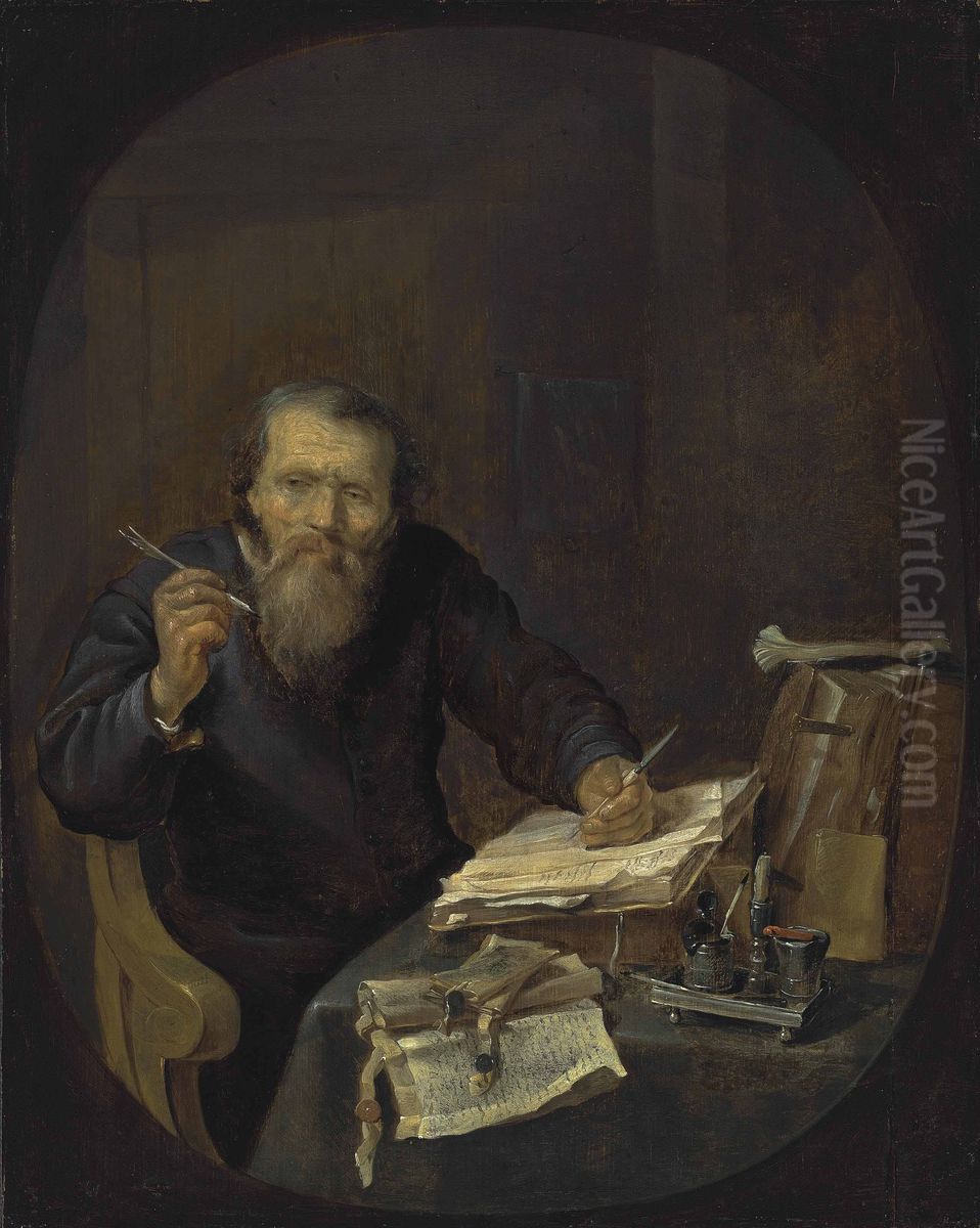 A Notary Sharpening His Pen, In An Interior Oil Painting by Gabriel Metsu