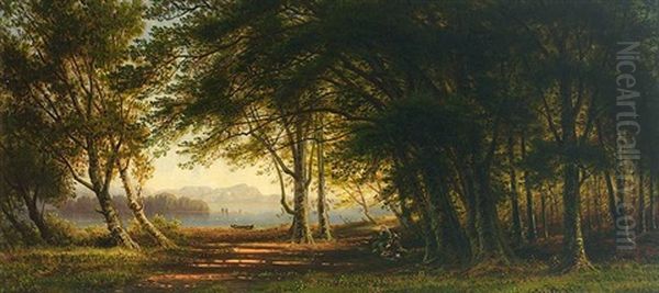 Sommerlandschaft Am Chiemsee Mit Figurenstaffage Und Blick Uber Das Stille Gewasser Oil Painting by Caesar Metz