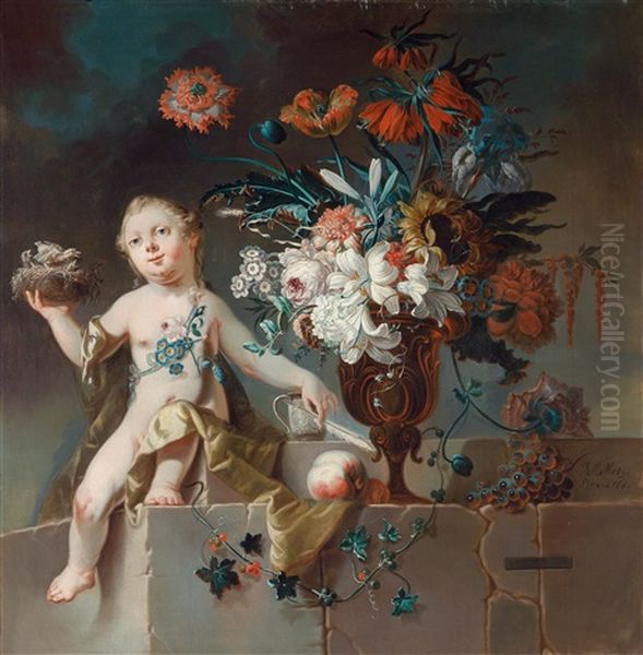 Blumenstillleben Mit Einem Putto Mit Vogelnest Oil Painting by Johann Martin Metz