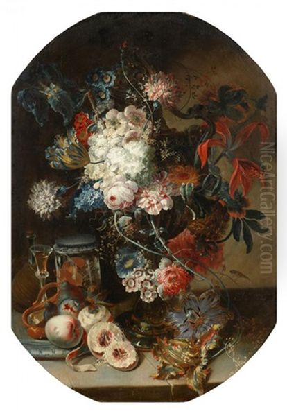 Groses Variastillleben. Auf Einer Steinplatte In Skulptierter Vase, Uppiger Sommerblumenstraus, Daneben Pfirsiche, Feigen Und Weinkaraffe Oil Painting by Johann Martin Metz