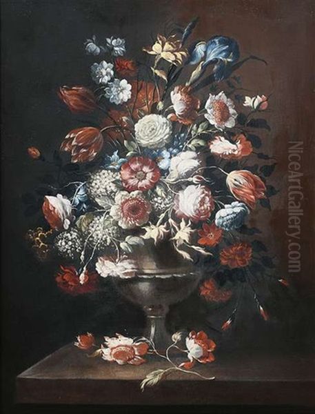Stilleben Mit Prachtigem Blumenbukett In Silberner Vase Auf Einem Steinpodest Oil Painting by Johann Martin Metz