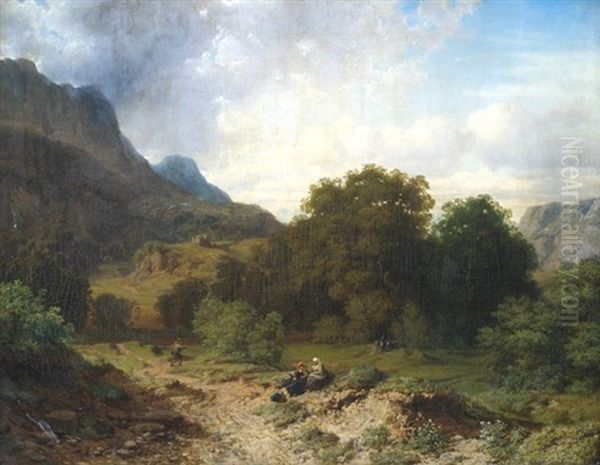 Sommerliche Gebirgslandschaft Mit Bauern Oil Painting by Alfred (Wilhelm) Metzener