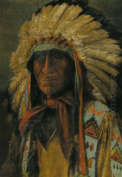 Untitled - Portrait Of An Indian Chief Oil Painting by Henry Metzger