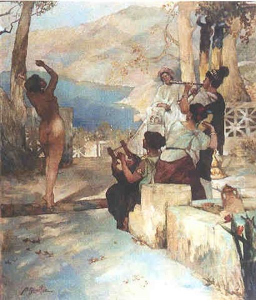 Danseuse Face A La Cour A Pompei Oil Painting by Emile Pierre Metzmacher