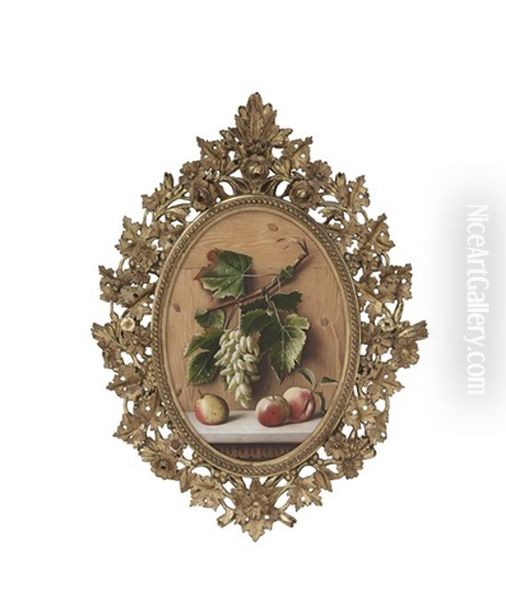 Still Life With Pizzutello Bianco Grapes, Peach And Apples; Still Life With Grapes And Pomegranate (2 Works) Oil Painting by Michelangelo Meucci