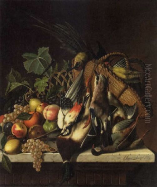 A Still Life With Birds And An Overflowing Basket Of Fruit Oil Painting by Michelangelo Meucci