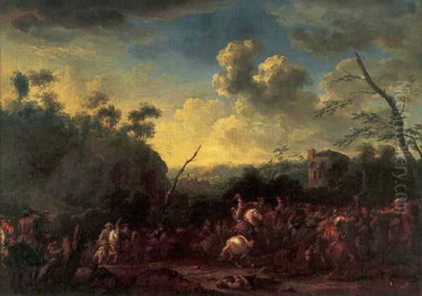 A Cavalry Skirmish In An Italianate Landscape With A Town Beyond Oil Painting by Adam Frans van der Meulen