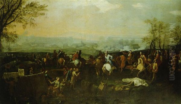 Cavalry Officers Watching A Battle From An Encampment On A Hill Oil Painting by Adam Frans van der Meulen