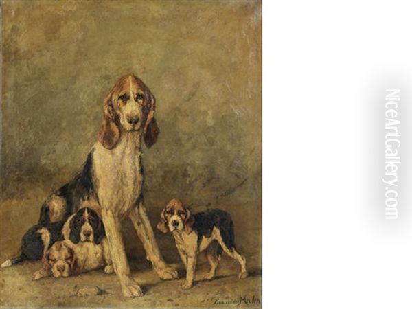 A French Hunting Hound And Puppies Oil Painting by Edmond Van Der Meulen