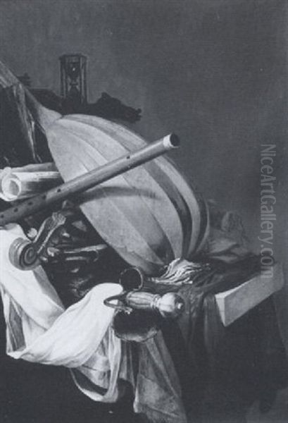 Vanitas Still Life With Instruments, Books And A Rapier On A Draped Table Oil Painting by Jan (Johannes) ver Meulen