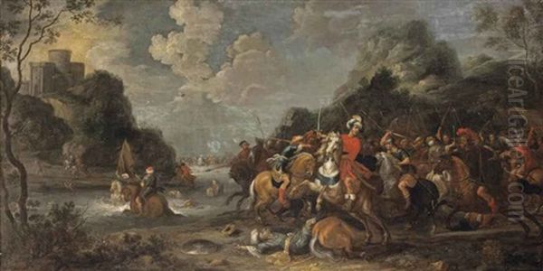 A Cavalry Engagement Between Ottomans And Christians Beneath A Hilltop Fortress Oil Painting by Pieter Meulener