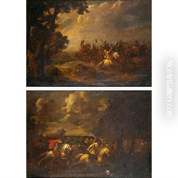 Choque De Caballeria (+ Combate De Caballeria; 2 Works) Oil Painting by Pieter Meulener