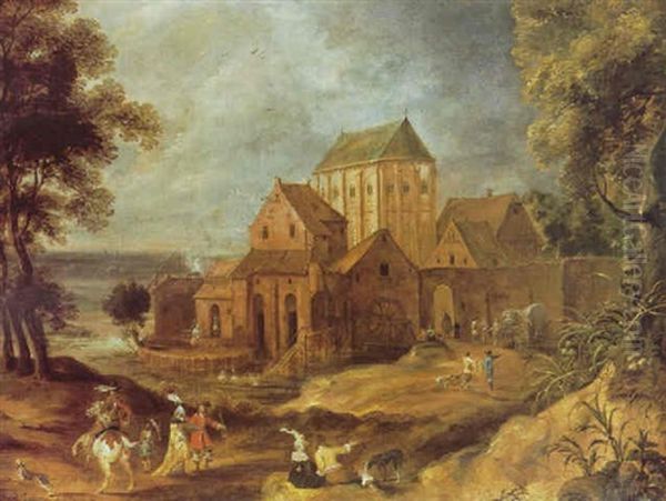 A Rider Conversing With An Elegant Couple On A Country Path Outside The Gates Of A Monastery, Others Figures In Landscape Oil Painting by Pieter Meulener