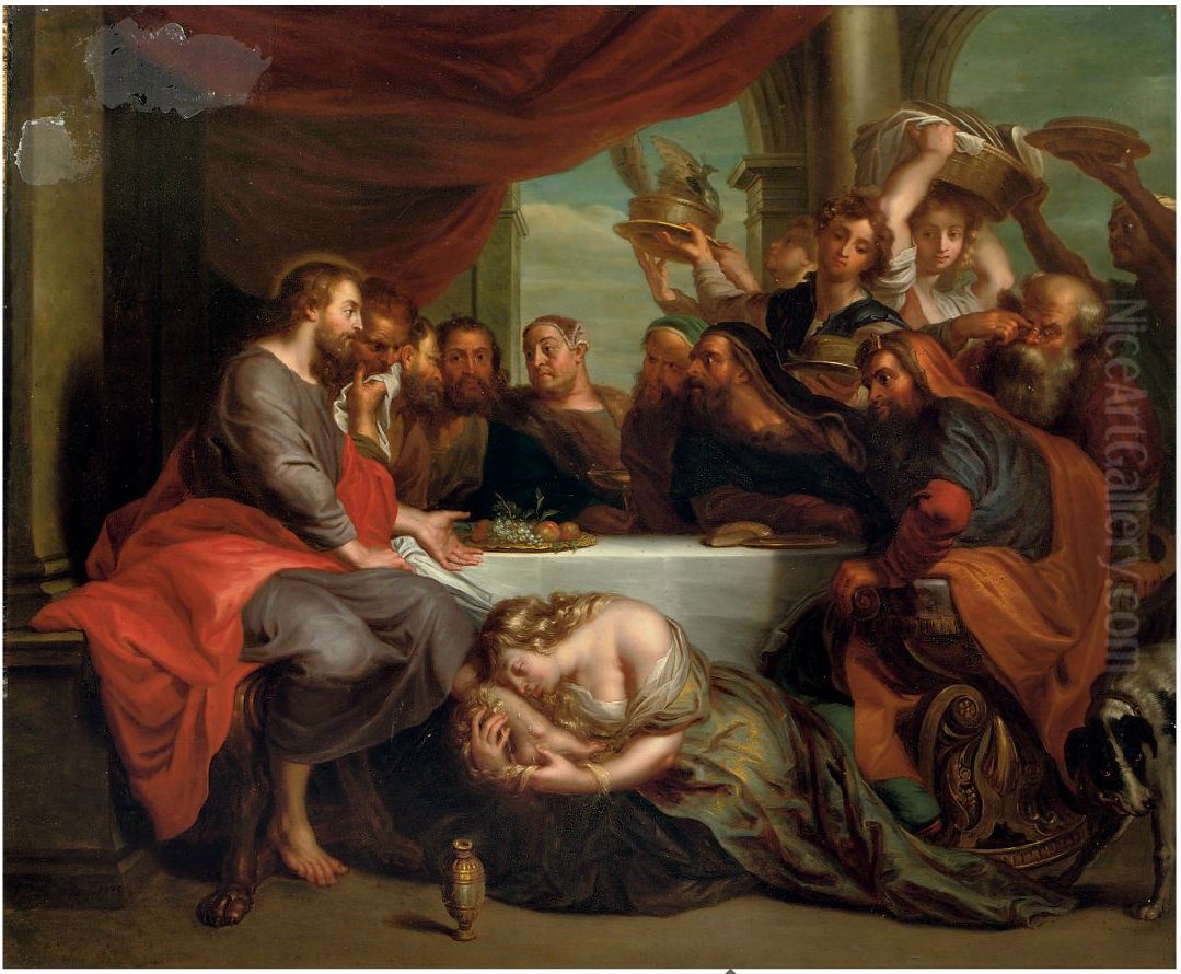 Maria Magdalene Washing The Feet Of Christ Oil Painting by Jacob Andries Beschey
