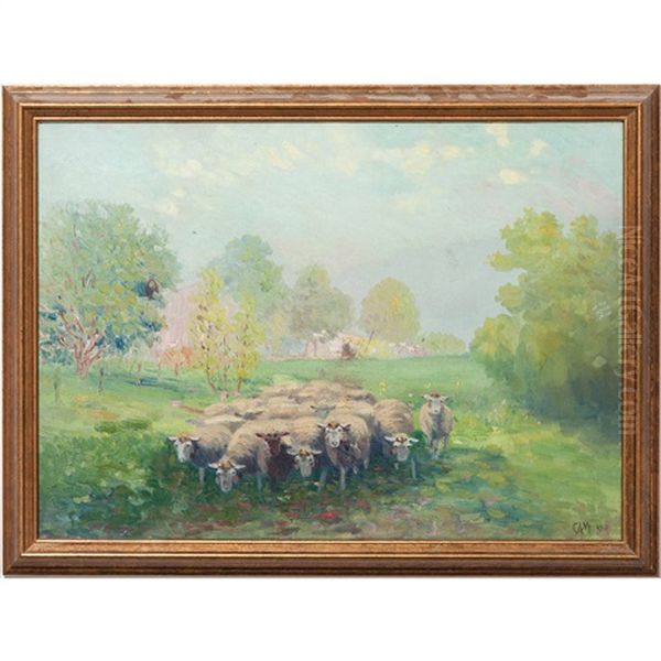 Spring Meadow Scene With Sheep Oil Painting by Charles Alfred Meurer